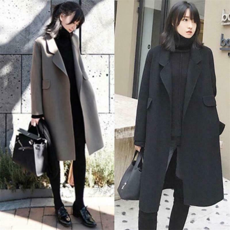 

Women Winter Warm Wool Lapel Trench Parka Coat Jacket Long Slim Overcoat Outwear, Black