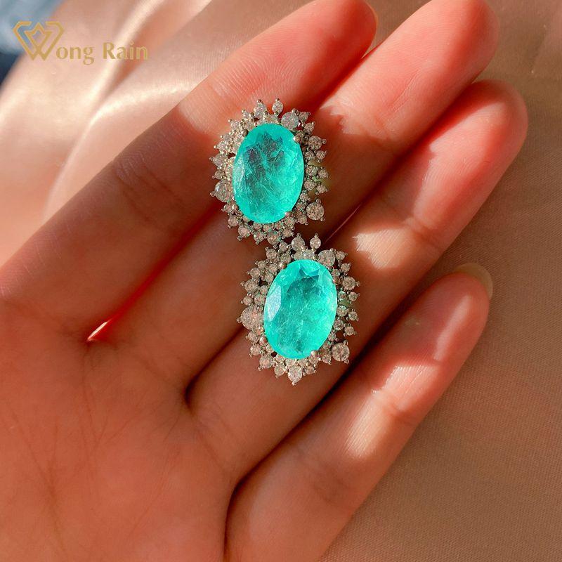 

Wong Rain 925 Sterling Silver Oval Cut Emerald Paraiba Tourmaline Gemstone Ear Studs/Earrings For Women Fine Jewelry Wholesale