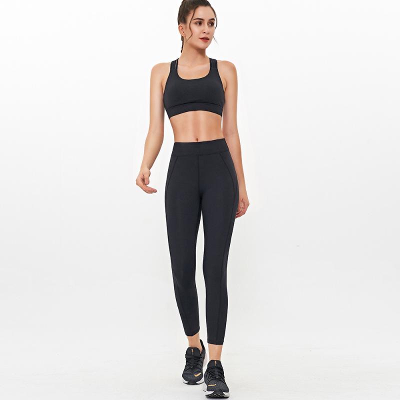 

2021 Hot Selling High Quality Women' Quick Dry Yoga Set Solid Color Sleeveless BRA Vest High Waist Tights Fitness Two Piece Set, Black