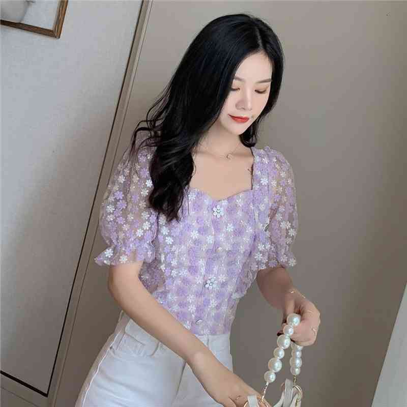 

women summer flowers embroidered square neck puff sleeve mesh dames blouse see through crop fashion shirt purple, White