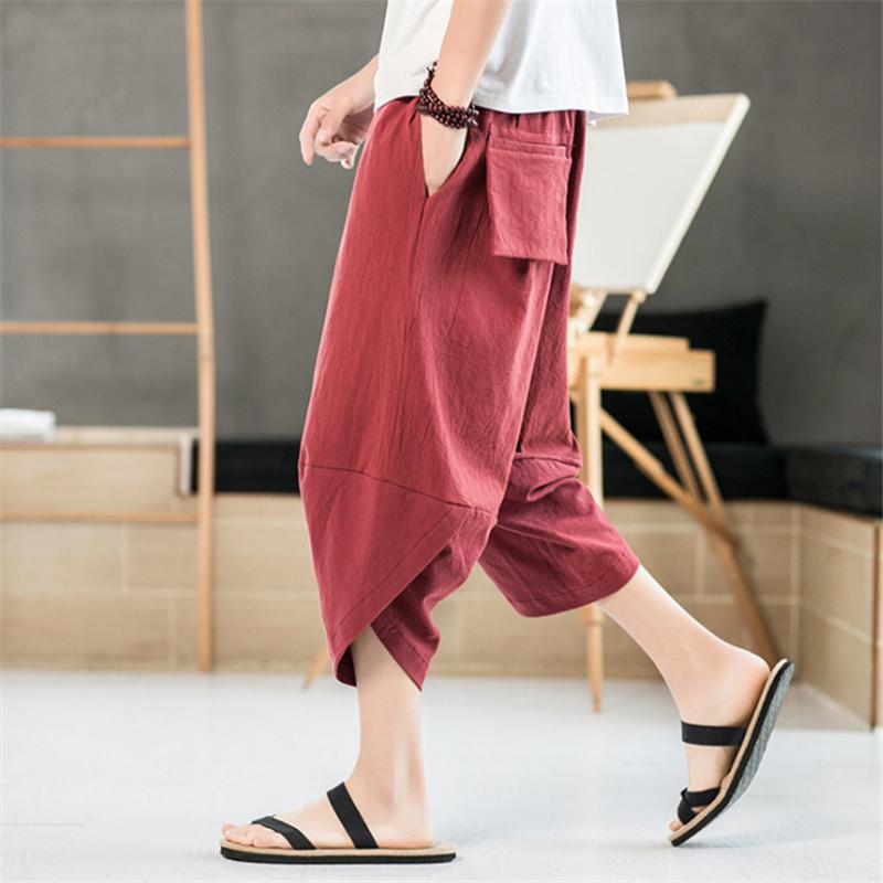 

2020 New Men Summer Big Size Casual Ankle-Length Pants Ethnic Style Solid Loose Comfortable Pants Male Trousers Oversize M-5XL, Beige