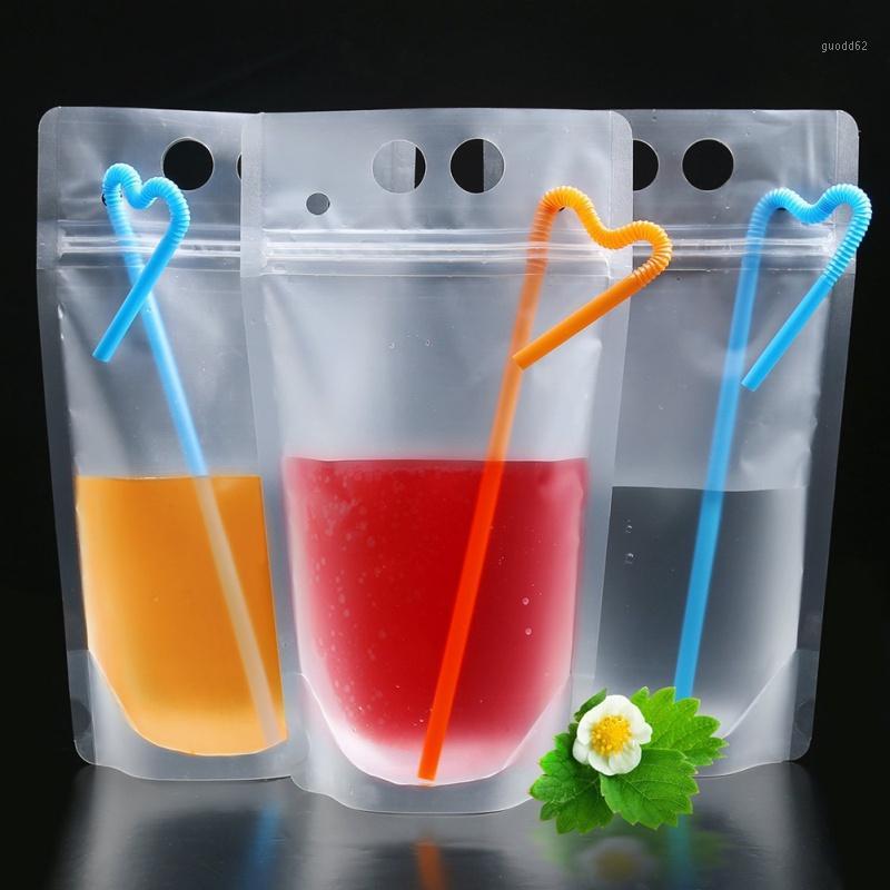 

50pcs 500ml Juice Drink Bag with Straws Vertical Zipper Frosted Transparent Bag for Home Drinks Candy Beans Nut1