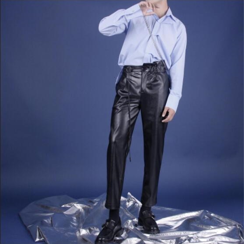 

2021 New S-6xl!! Original Asymmetric Street Style Coupled with Pu Leather Leg Small Nine-minute Pants Men's Autumn Winter Pants. Y2TY, Black