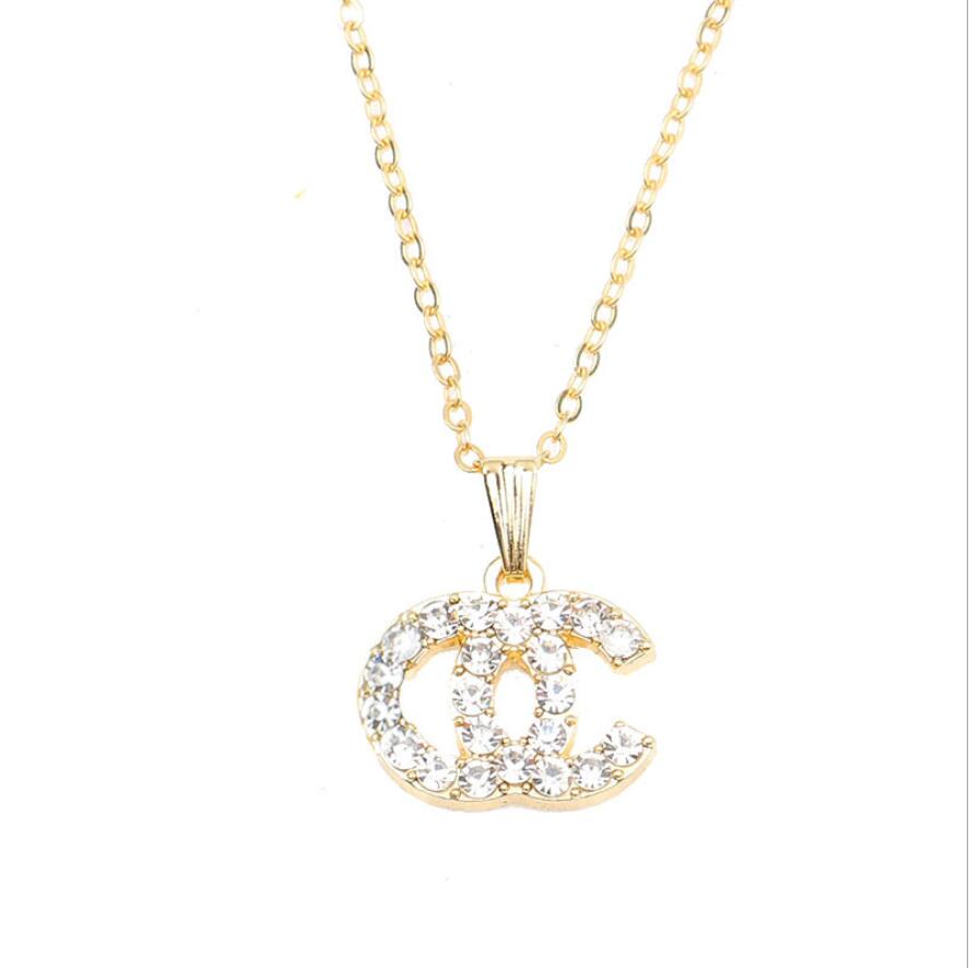 

Women Luxury Brand Designer Double Letter Pendant Necklaces Simple 18K Gold Plated Crysatl Pearl Rhinestone Sweater