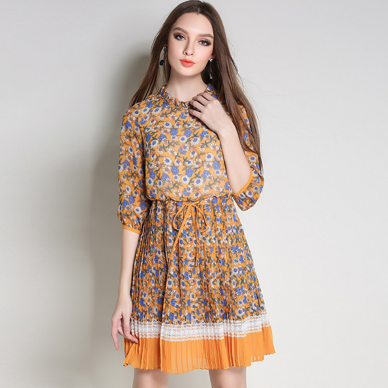 

2021 New Elegant Sleeve Chiffon Half Plus Size 6xl Blue Floral Dress Summer Women's Casual Clothes Dressed Mujerfy414 L7p5, Yellow.