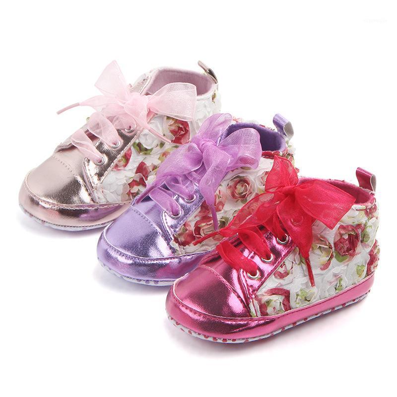 

New style floral print First walkers Crib baby Prewalkers Pu leather Muslin bow Lace-up Baby girls Shoes -18 Months1, Hot pink