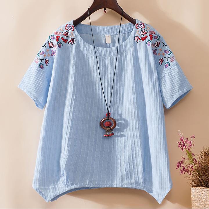 

2021 New Plus Size Womens Tops and Blouses Summer Vintage Embroidery Floral Comfortable Cotton Linen Shirt White Blouse Women Blusas Wn7u, Sky blue
