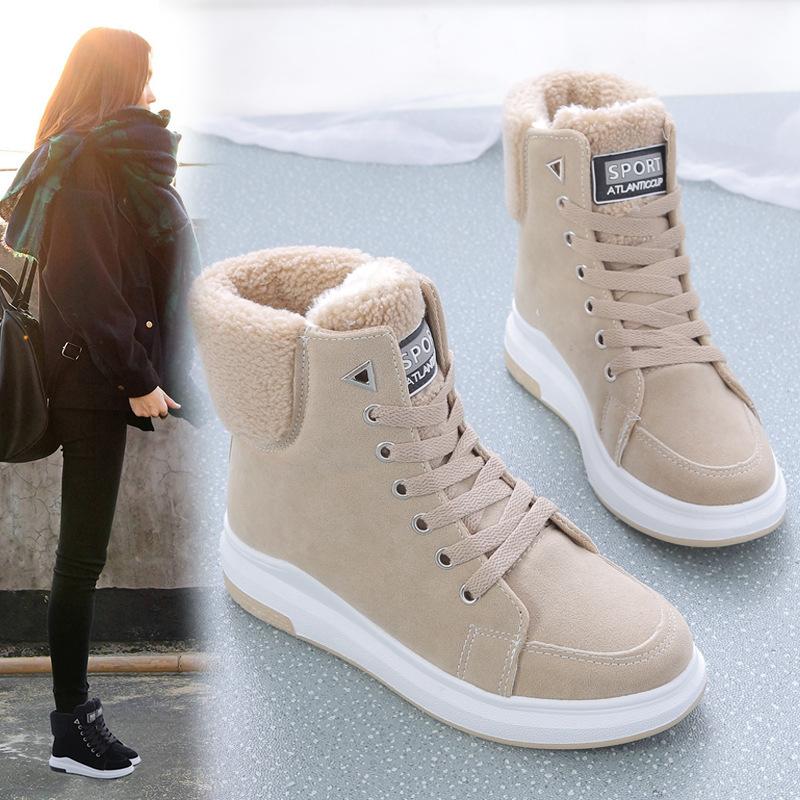 

2020 Women Sneakers New Fashion Flock Women Casual Shoes Breathable Autumn Winter Lace-Up Flats Platform boots Shoes OEING, Creamy-white