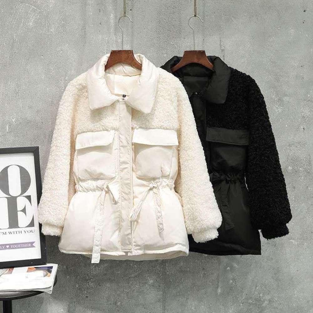 

Winter loose drawstring waist female lamb hair stitching down cotton quilted jacket, Black