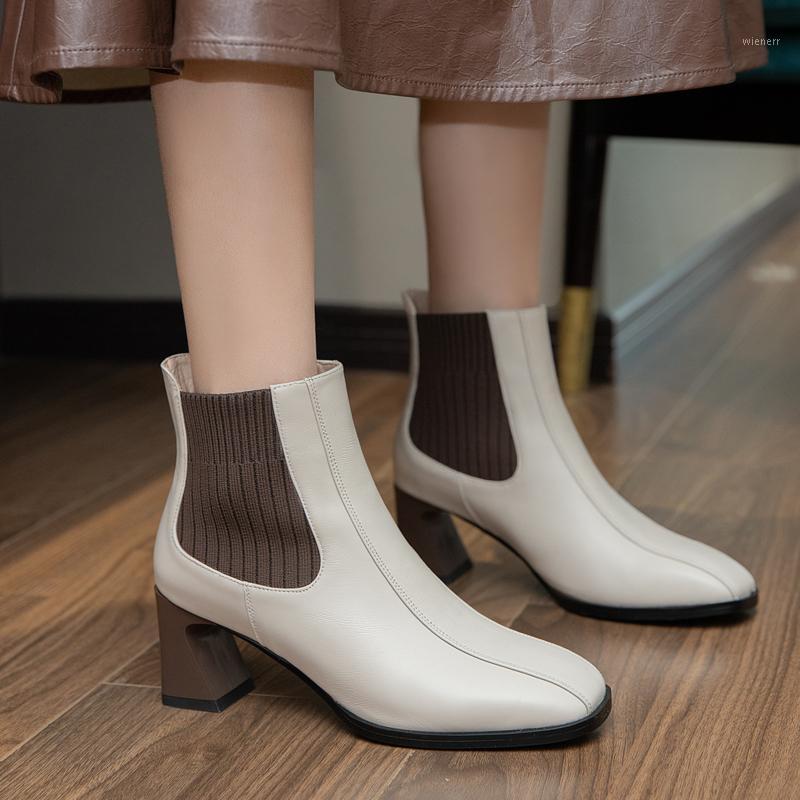 

2020 Newest Square Toe Ladies Boots Genuine Leather knitting Concise High Heels Pumps Working Party Shoes Woman Heels1, Beige
