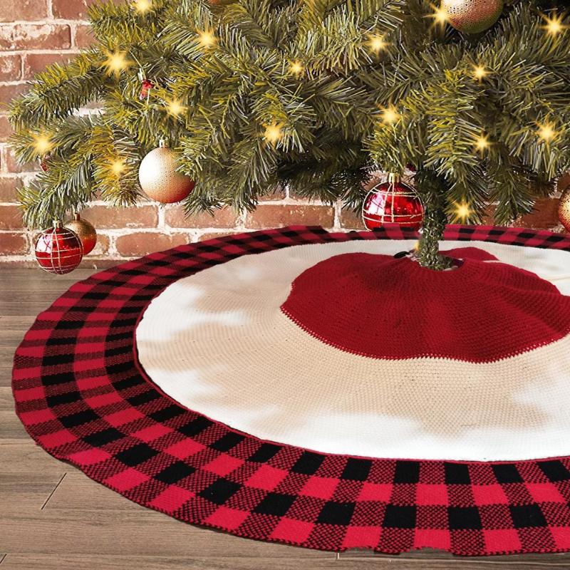 

New Christmas Tree Skirt 122cm Plaid Knitted Christmas Tree Apron New Year Xmas Party Decoration Supplies