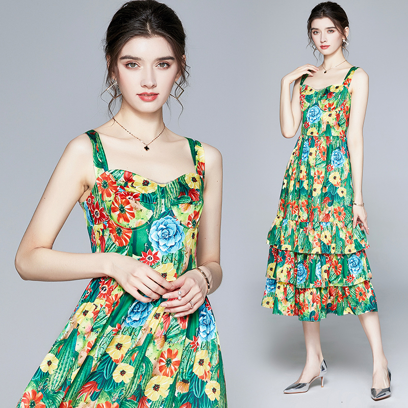 

2021 New Merchall Fashion Runway Women Ball Gown Sexy Backless Print Cascading Ruffle Summer Strap Vestidos Robe Xzgx, Green