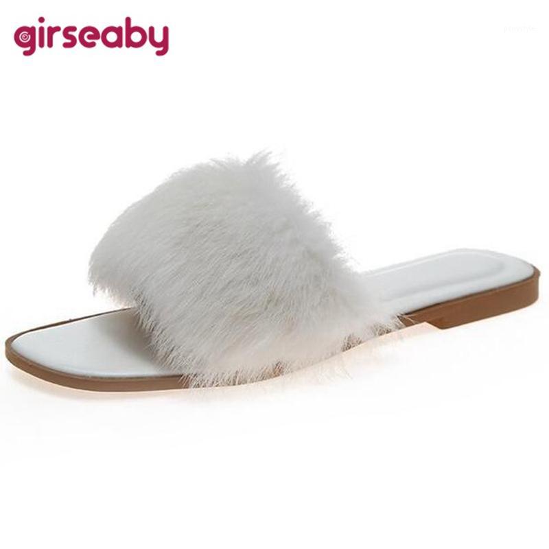 

Girseaby 2020 Woman Summer Elegant Furry Slippers Open Toe Low Flat Heels Cute Plush Large size 35-40 Blue Casual Outdoor F9581, Black