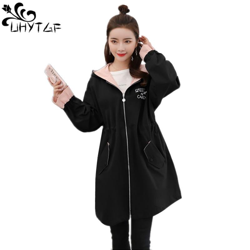 

UHYTGF Autumn New Brand Women Trench Coat Long Windbreaker Europe America Fashion Trend Plus size Slim Female Trench Coats X614, Black