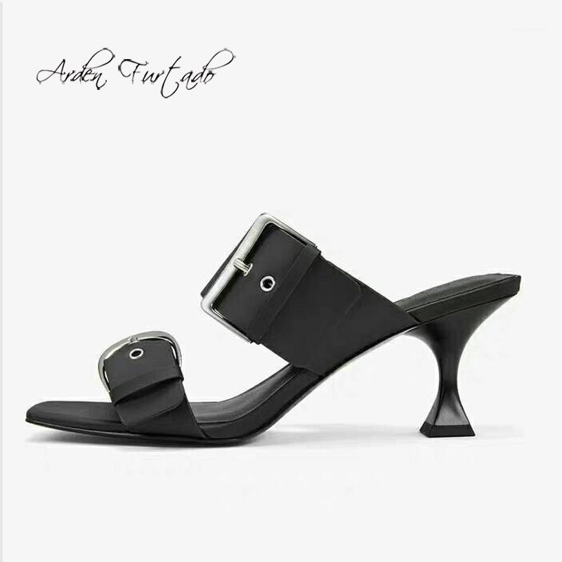 

Arden Furtado Summer Fashion Trend Women's Shoes Square Head Sexy Elegant Concise Leather Buckle pure color Mature Slippers1, Black
