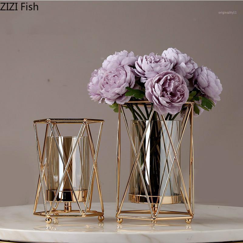 

Creative Nordic metal iron geometric glass Gold vase Living room decoration Flower arrangement Modern home decoration vases1