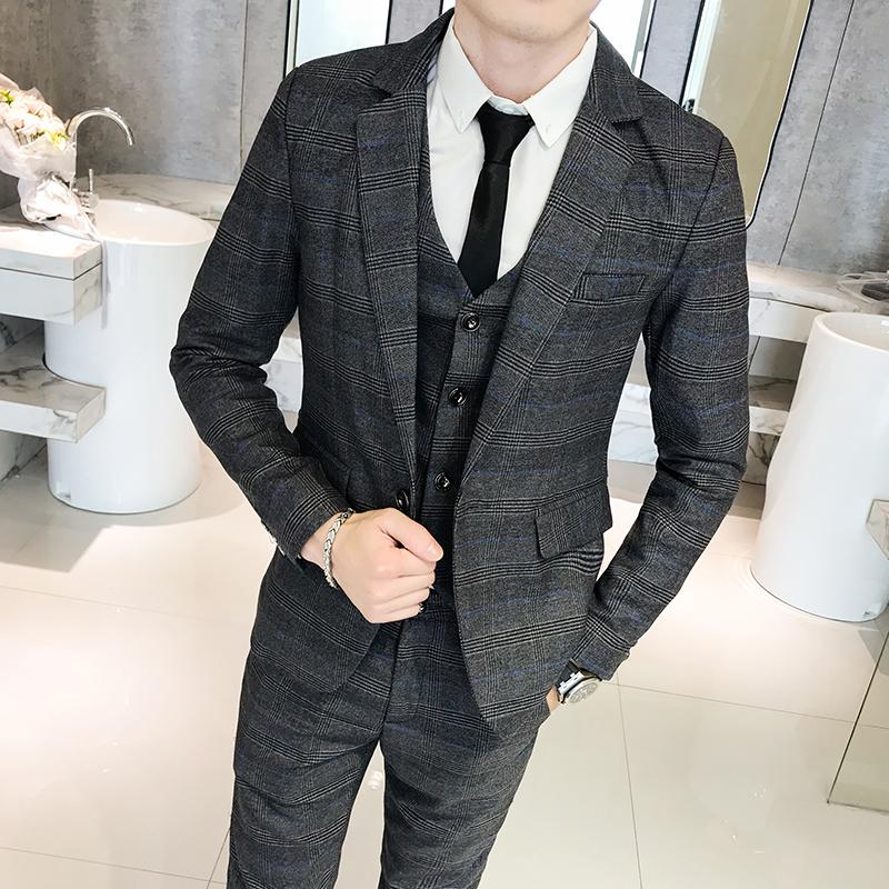 

2021 New Spring and Autumn Fashion Casual Men's Stripe Single Breasted Business Casual Slim Three-piece Men's Wedding Suit, Dark grey