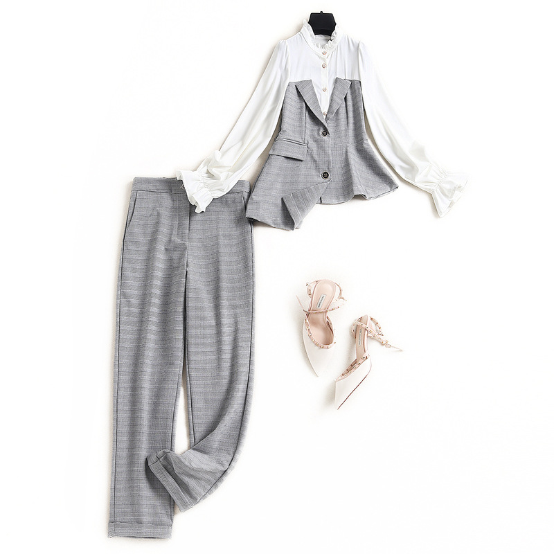 

2021 Spring Long Sleeve Round Neck Gray Plaid Chiffon Panelled Asymmetry Top + Long Pants Work Sets Two Piece Suits 2 Pieces Set OD2816618, White