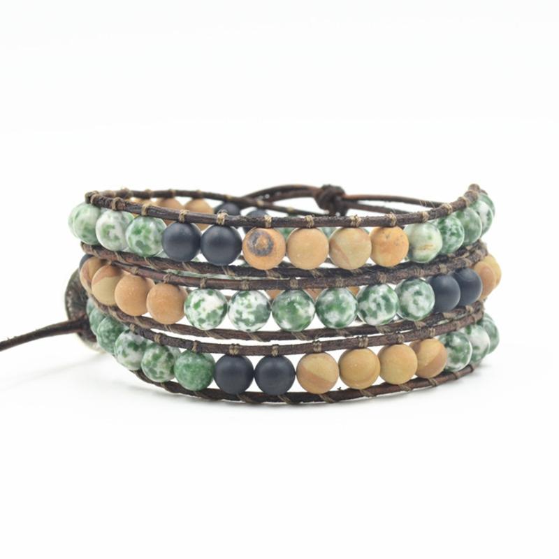 

Green Dalmatian Stone Wrap Bracelets Men Boho 3Layers Natural Stone Black Onyx Beaded Women's Bracelet Female Jewelry Dropship
