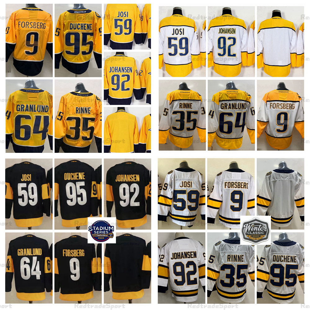 

2022 Stadium Series 59 Roman Josi (C) Hockey Jerseys Navy Gold 9 Filip Forsberg 92 Ryan Johansen 95 Matt Duchene 64 Mikael Granlund 35 Pekka Rinne Winter Classic Jersey, 2020 winter classic
