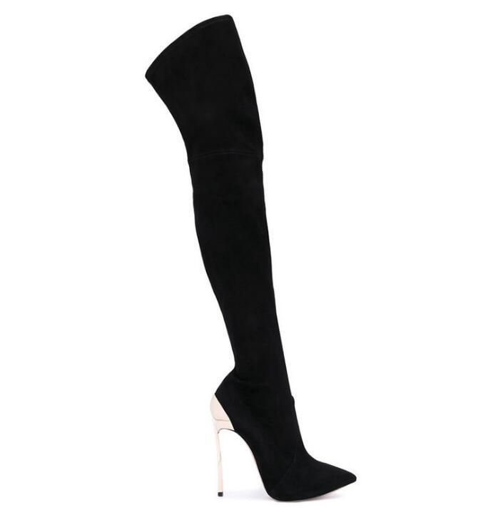 

Moraima Snc Black Suede Pointed Toe High Heel Boots for Woman Sexy Thin Heels Over the Knee Boots Lady Thigh High, Dark grey