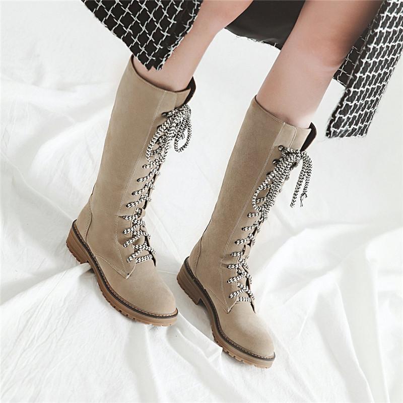 

YMECHIC 2020 Winter Womens Cross Tied Mid Calf Lace Up Long Block Low Heel Knight Riding Motorcycle Boots Ladies Shoes Plus Size, Beige