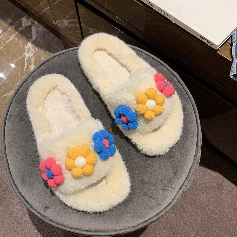 

Fashion Flowers High Quality Comfortable Women's Indoor Slippers Winter Warm Flat Furry Slides for Women Home Fur Loafers Casual1, Black 9-17