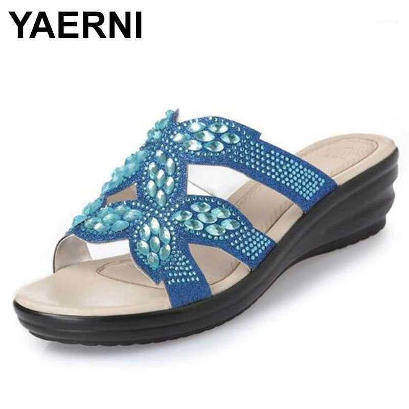 

YAERNI new fashion rhinestone women summer shoes slippers sandals genuine leather non-slip sandals women shoes1, Blue