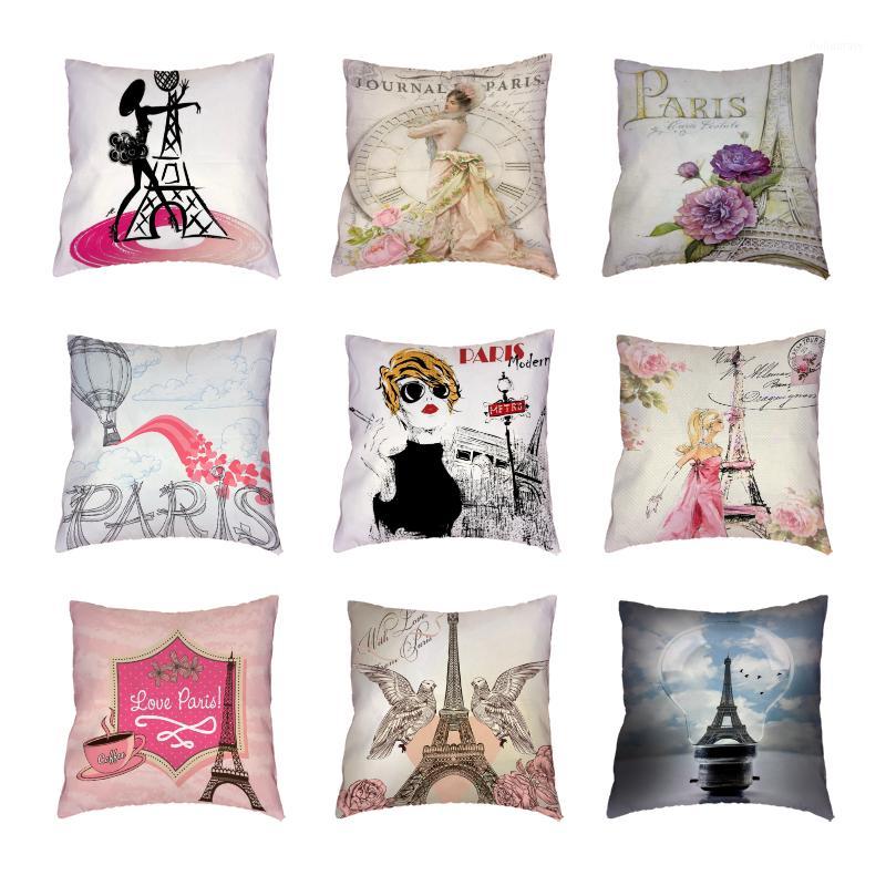 

Retro Paris Tower White Throw Pillow Cases Colored Flower Bird Clock Polyester Peach Skin Cushion Covers Printed Home Decorative1, 14