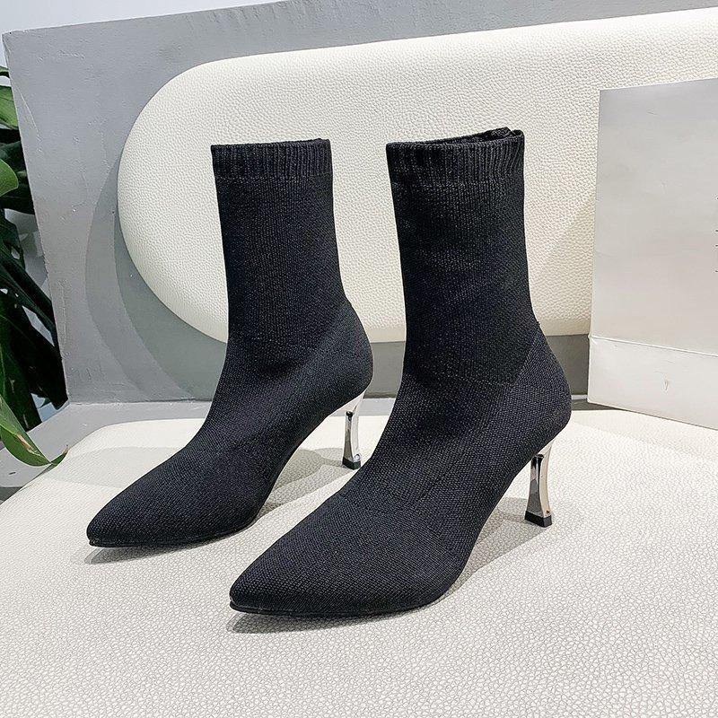 

Fashion 2021 Women's Sock Boots Ankle High Heel Booties Knitting Stetch Fabric Shoes Sexy Woman Female Winter Pointed Toe Boots1, Black