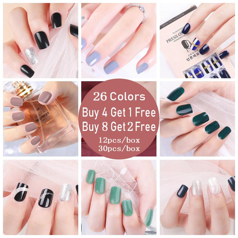 

12/30 Fake Nails Art Press on Set Overhead with Glue Nails Short Full Cover Black Manicure Design Tips Clear Stick-on False Tips, Qmn015-1
