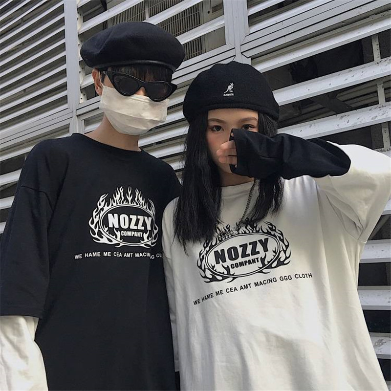 

2019 Letter Print Japan Harajuku Black white Hip Hop T-shirts Men Women Spring Fake Two Piece Couple Long Sleeve Loose T Shirt