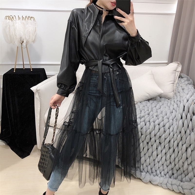 

LANMREM autumn New Jackets Women Fashion Solid Color Long Mesh Gauze Stitching PU Leather Coat With Belt Female PB279 201112, Black with belt