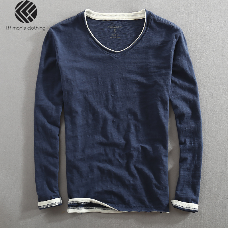 

Men Spring Autumn Fashion Brand China Style Bamboo Cotton Fake Two Pieces V-neck Long Sleeve T-shirt Male Casual Thin Tee Tshirt, Color 5