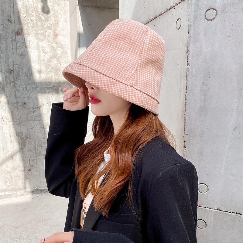 

Live broadcast forest leisure small lattice girl fisherman's hat autumn versatile sunscreen sunshade fashion bucket cap, Check pink
