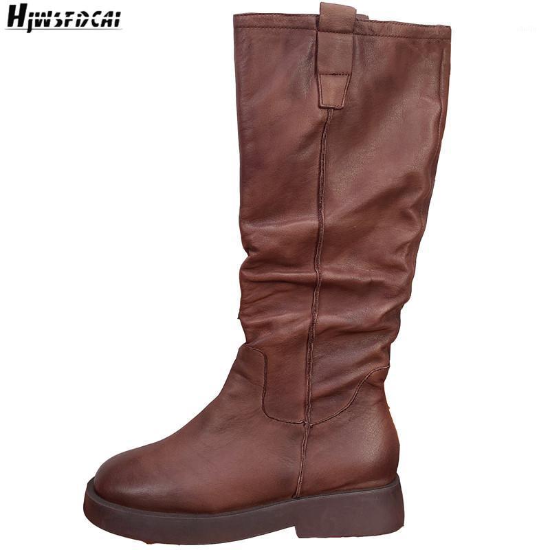 

Hjwsfdcai Round Toe Genuine Leather Women High Knight Boots Woman Retro Outdoor Mid Calf Boots Wrinkles Fashion Mujer Sexy Shoes1, Black