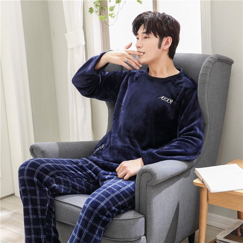 

2020 Winter Long Sleeve Thick Warm Flannel Pajama Sets for Men Coral Velvet Casual Plaid Pants Sleepwear Pyjama Homewear Clothes, 02
