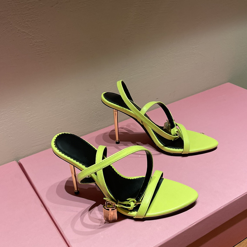

fashion Designer Metal stiletto heels Womens sandals Golden Lock decorate Genuine Leather Ladies shoes Women narrow band high heeled sandal us size 4-11 with box, Black10cm
