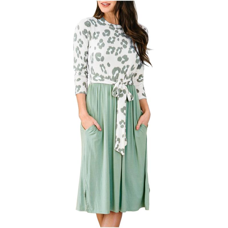 

Autumn Winter Ladies Loose Stitching Leopard Print Long Sleeve O-neck Dress Fashion Womens V Neck Lantern Long Sleeve Retro 2020, Pk