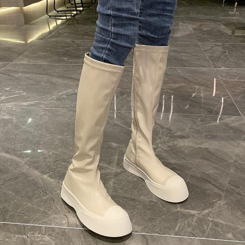 

2020 Classical Black Elastic Boots Women White Thick Bottom Flat Motorcycle Leather Long Boots Knee-high Zipper1, Beige