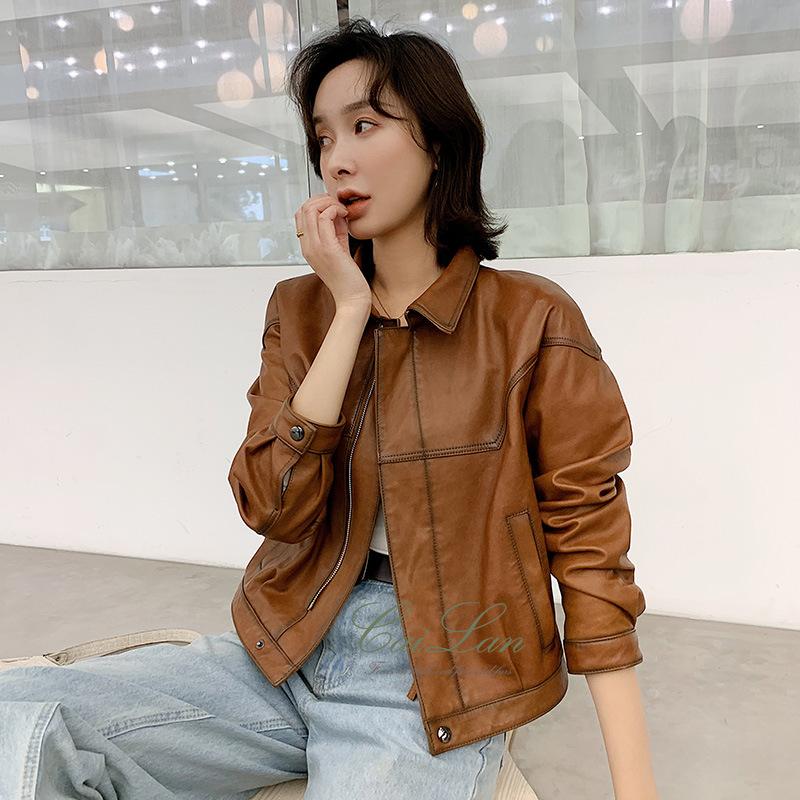

High Quality Genuine Leather Jacket Women Spring Sutumn Short Motorcycle Women's Clothing Korean Sheepskin Coats 2021 WPY2447, Black