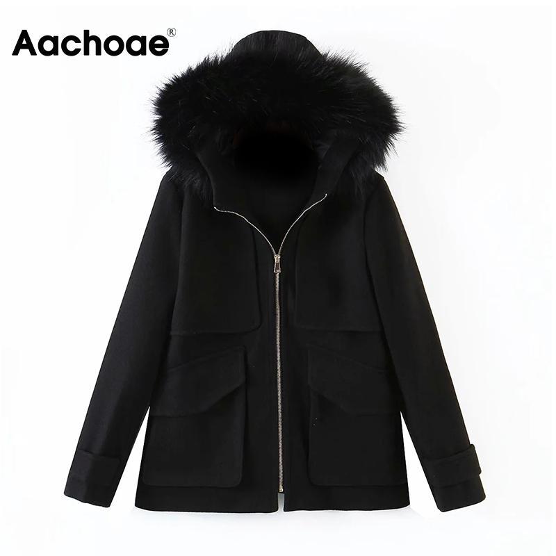 

Aachoae Casual Hooded Black Coat Women Long Sleeve Fashion Pocket Coat Female Zipper Solid Jacket Autumn Spring Kobieta Kurtka