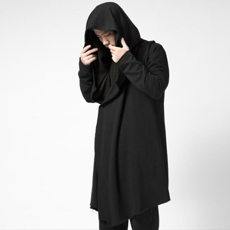 

2021 Autumn Winter Hip Hop Streetwear Long-style Hoodie a Button Men in Hooded Goth Nightgown Cardigan Coat Phase Wxay, Black