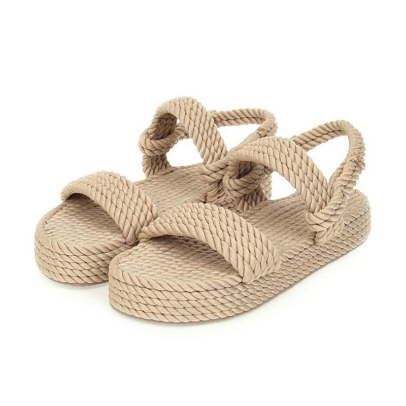 

Top Quality Gladiator 2021 Flat Slip On Straw Summer women's Sandals Shoes Woman, Beige