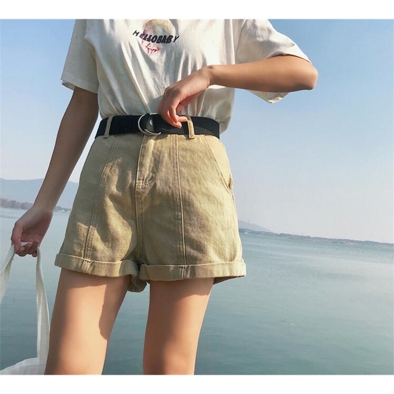 

summer high waist denim roll up jeans womens casual shorts Y200822, White