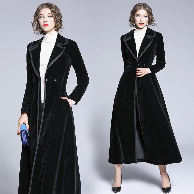 

2021 New Women's Black Veet Coat Autumn Winter Maxi Trench Coats Single-button Outerwear Notched Long Sleeve Windbreakers Ywn2