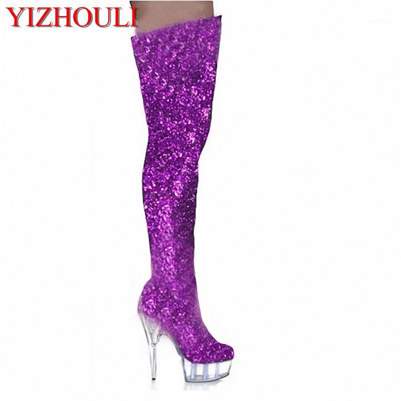 

15cm tall sexy boots high heels punk motorcycle boots gold glitter thigh high closed toe 6 inch ladies sexy Crystal shoes1, Silver