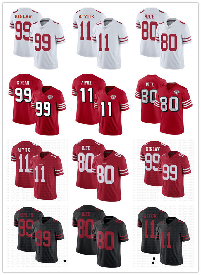 

75th Men Women Youth San Francisco''49ers''Jersey 80 Jerry Rice 99 Javon Kinlaw 11 Brandon Aiyuk Football Jerseys black red