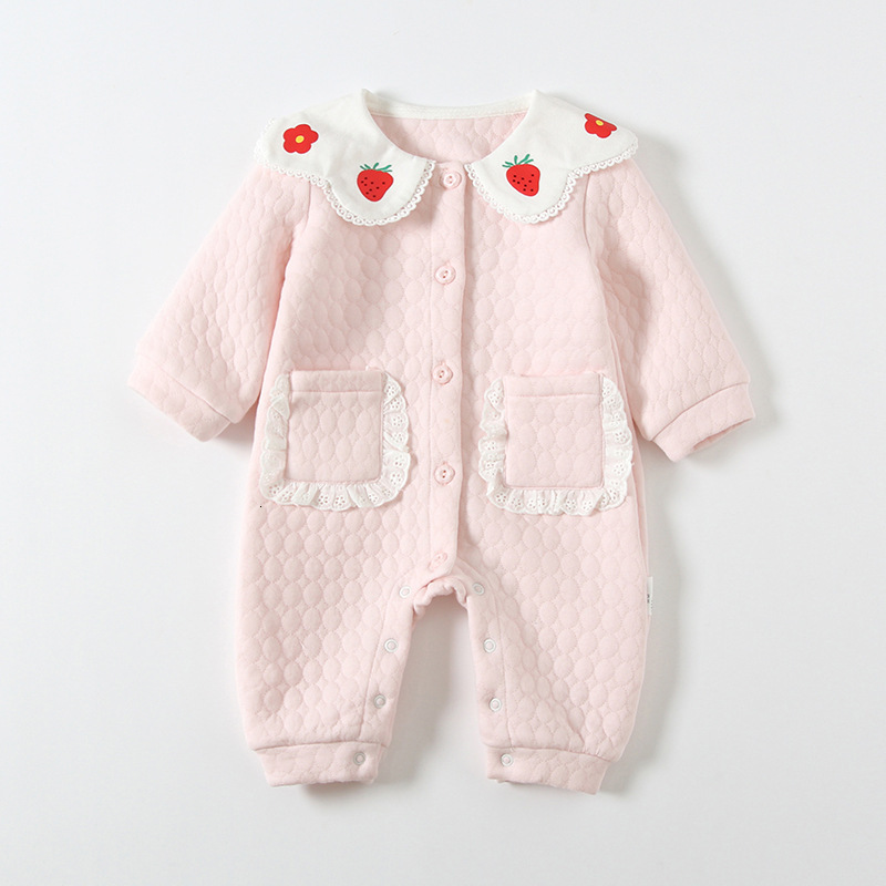 

2021 New Clothes Autumn&winter Newborn Peter Pan Collar Romper Warm Infant Baby Girl Jumpsuit Pajamas with Pockets 0-2y Rlf1, Pink