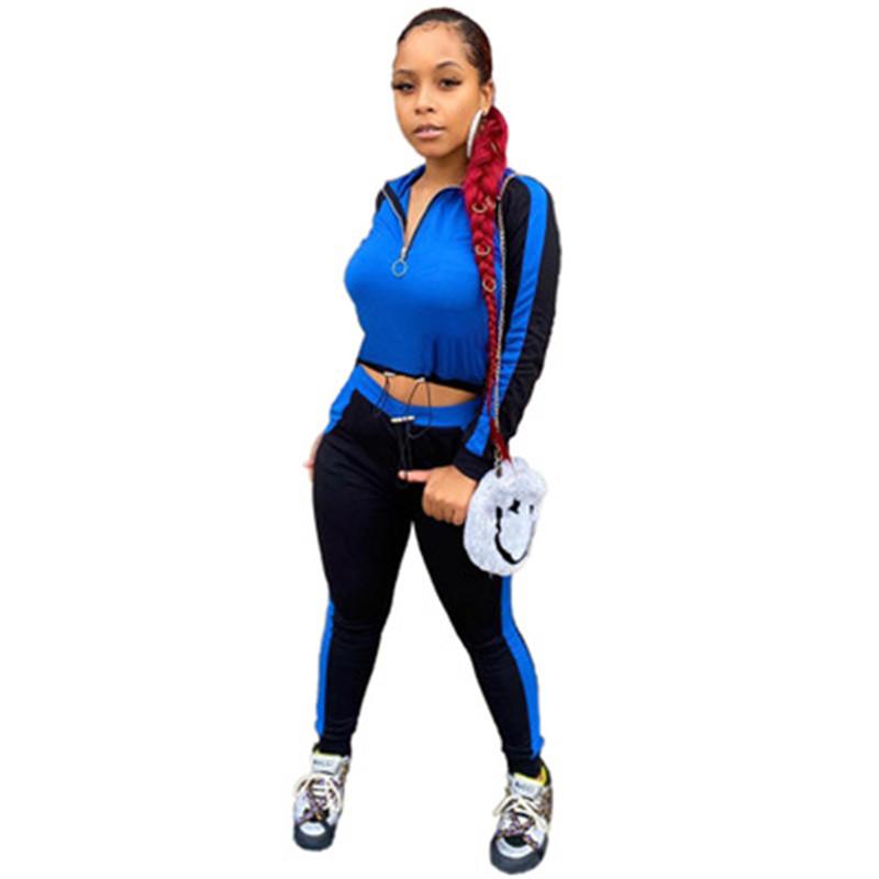 

Women Panelled Navel Tracksuits Fashion Trend Long Sleeve Zipper Lapels Tops Trousers Suits Designer Female Autumn New Sports Casual Sets, Blue
